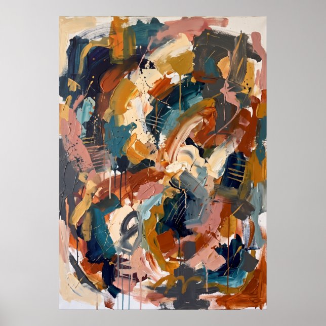 Orange Blå Abstrakt Penselföring Poster (Framsidan)