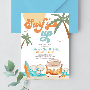 Orange Blå ALDER Pojke Surf Upp Surf 1-årsdag Inbjudningar