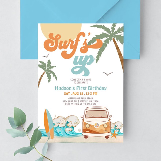 Orange Blå ALDER Pojke Surf Upp Surf 1-årsdag Inbjudningar (Skapare uppladdad)