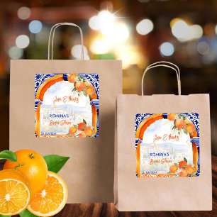 Orange blå azulejo spansk bröllopsduschfavorit fyrkantigt klistermärke