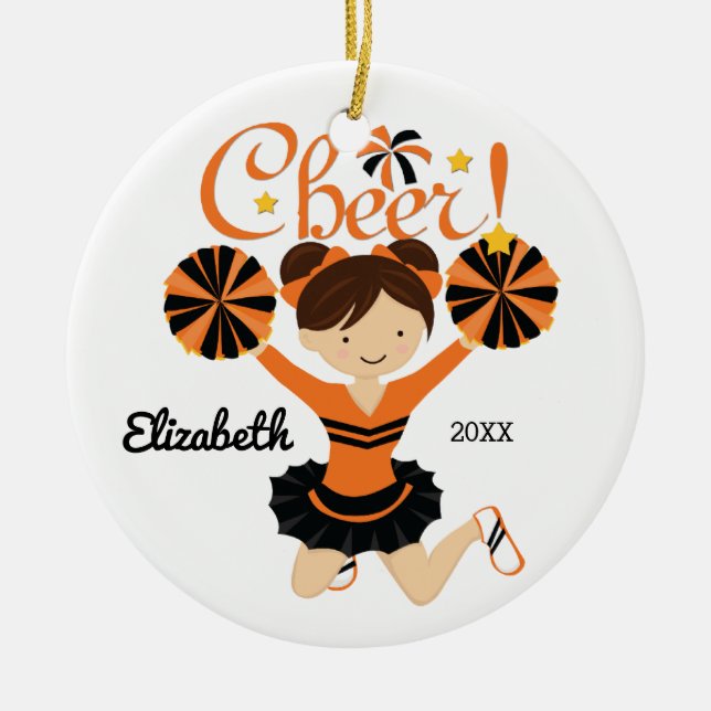 Orange & Bla Cheer Mörkt Hår Cheerleader Ornament (Framsidan)