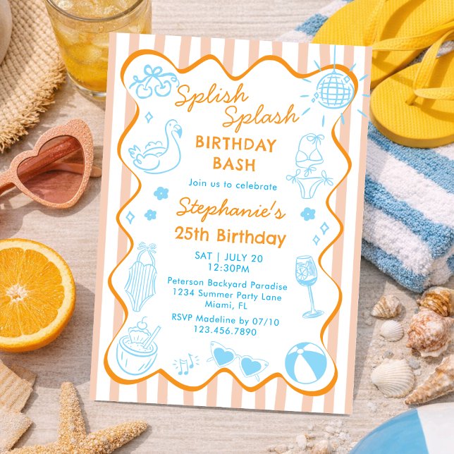 Orange Blå Handritad Sommar Poolparty Födelsedag Inbjudningar (Skapare uppladdad)