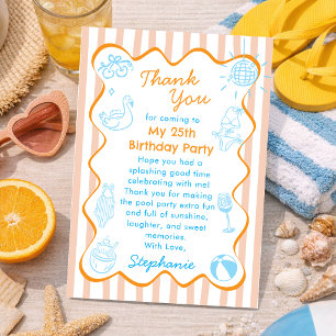 Orange Blå Handritad Sommar Poolparty Födelsedag Tack Kort