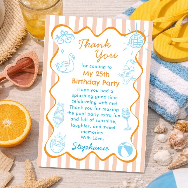 Orange Blå Handritad Sommar Poolparty Födelsedag Tack Kort (Skapare uppladdad)