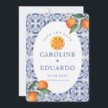 Orange Blå kakel Medelhavet Bröllop QR-kod Spara Datumet<br><div class="desc">Vattenfärg Orange Citrus Italiensk Blå Kakel Medelhavet</div>