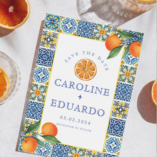 Orange Blå kakel Medelhavet Bröllop QR-kod Spara Datumet (Skapare uppladdad)