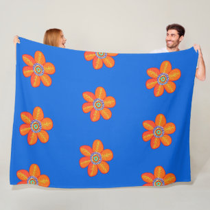 Orange Blå Konstnärliga Blommor Fleecefilt