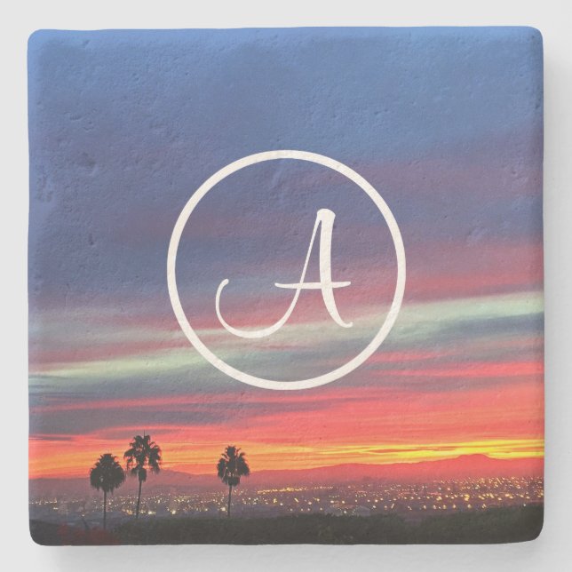 Orange blå moln Solnedgång anpassningsbar monogram Underlägg Sten (Framsidan)