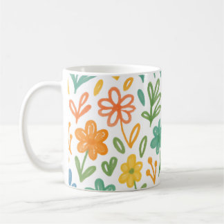 Orange Blå Och Gul Illustrerad Blommig Mönster Kaffemugg