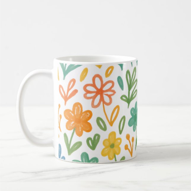Orange Blå Och Gul Illustrerad Blommig Mönster Kaffemugg (Vänster)
