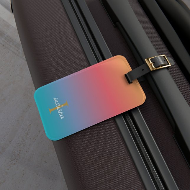 Orange Blå Ombre Modernt Monogram Skript Bagagebricka (Blue Orange Ombre Monogram Script Luggage Tag)