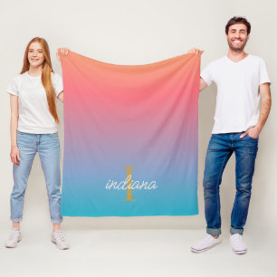Orange Blå Ombre Modernt Monogram Skript Fleecefilt