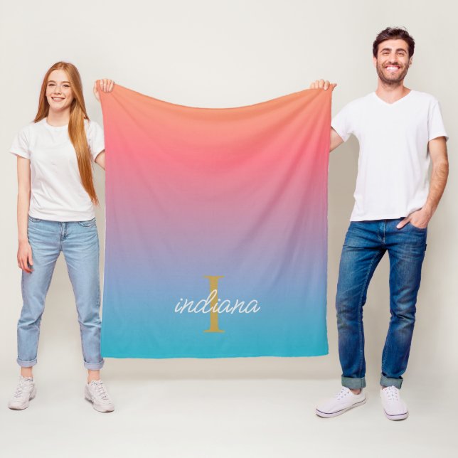 Orange Blå Ombre Modernt Monogram Skript Fleecefilt (På plats)