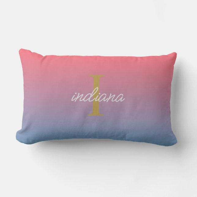 Orange Blå Ombre Modernt Monogram Skript Namn Lumbarkudde (Framsida)