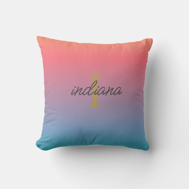Orange Blå Ombre Monogram Skript Kudde (Framsida)
