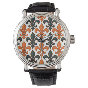 Orange Black Baroque Fleur-de-lis Mönster Design Armbandsur