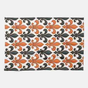 Orange Black Baroque Fleur-de-lis Mönster Design Kökshandduk