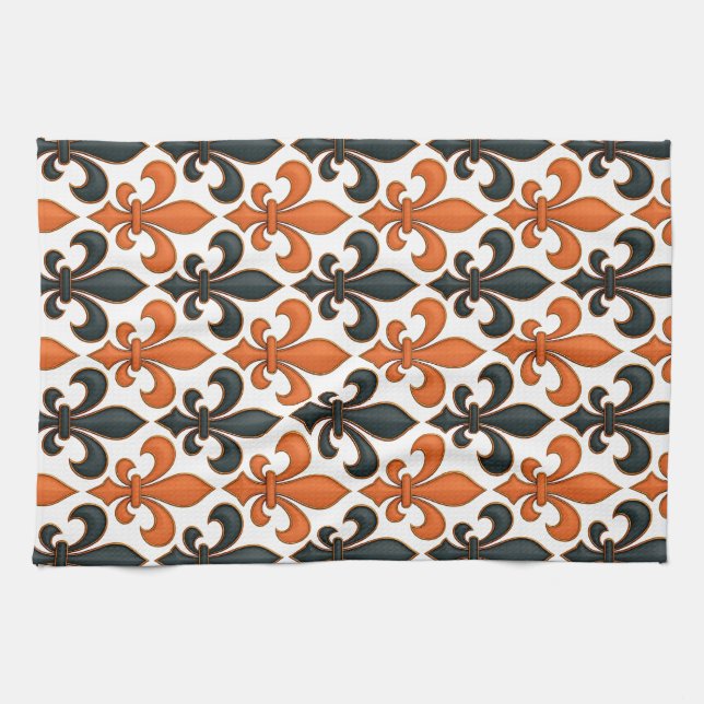 Orange Black Baroque Fleur-de-lis Mönster Design Kökshandduk (Horisontell)