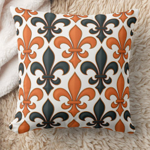 Orange Black Baroque Fleur-de-lis Mönster Design Kudde