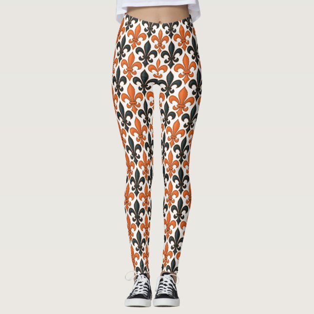 Orange Black Baroque Fleur-de-lis Mönster Design Leggings (Framsida)