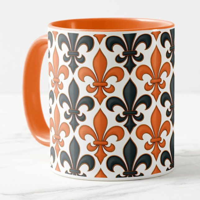 Orange Black Baroque Fleur-de-lis Mönster Design Mugg (Skapare uppladdad)