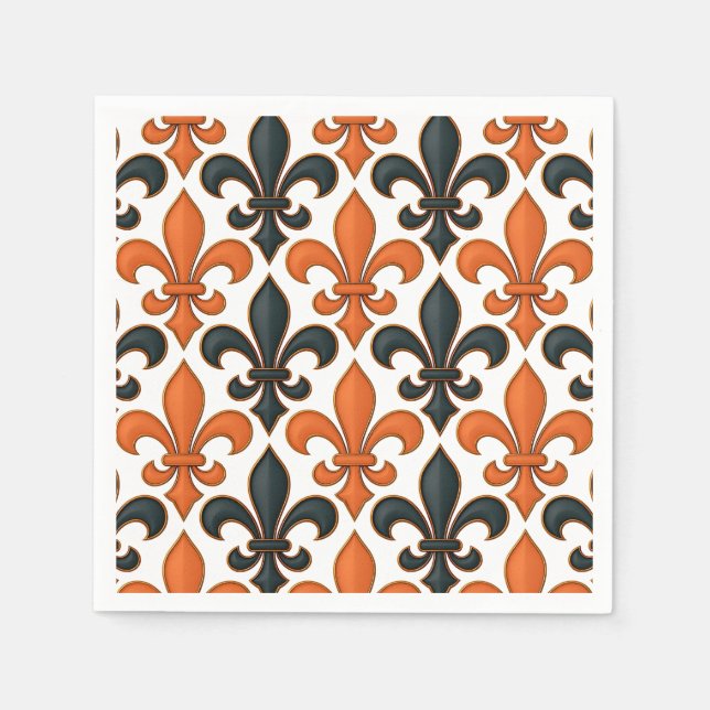 Orange Black Baroque Fleur-de-lis Mönster Design Pappersservett (Framsidan)