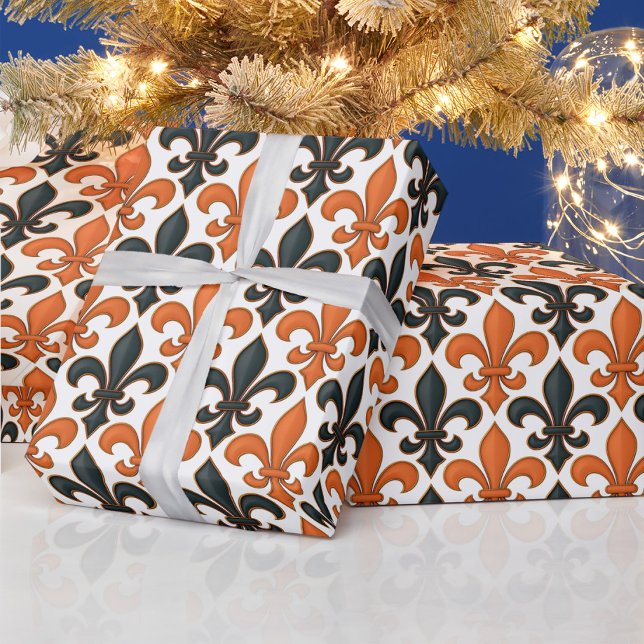 Orange Black Baroque Fleur-de-lis Mönster Design Presentpapper (Skapare uppladdad)