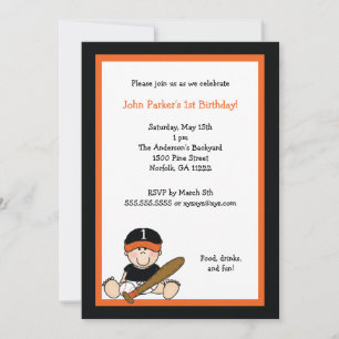 Orange & Black Baseball 1-års födelsedagsfest inbj Inbjudningar