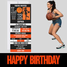 Orange Black Basketball Girl Birthday Biljett