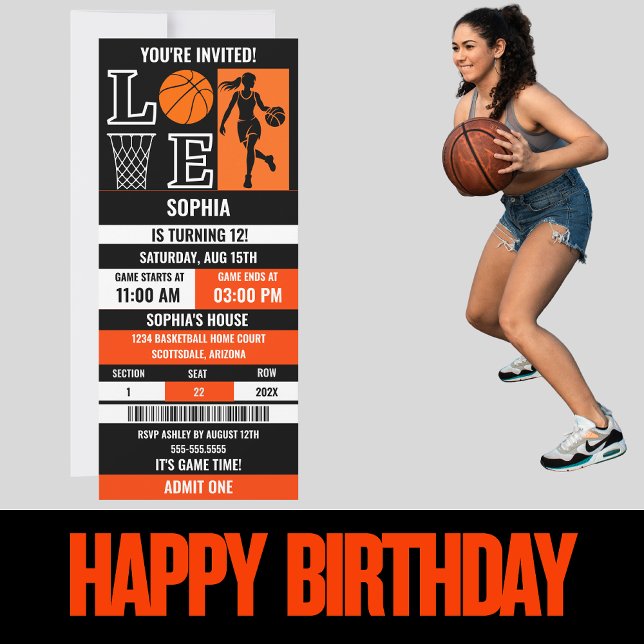 Orange Black Basketball Girl Birthday Biljett Inbjudningar (Skapare uppladdad)