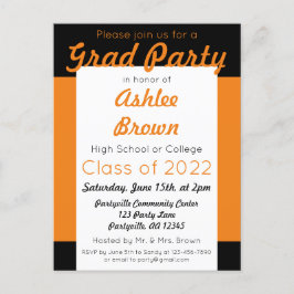 Orange Black Bold Grad Party Studenten Inbjudan Vykort