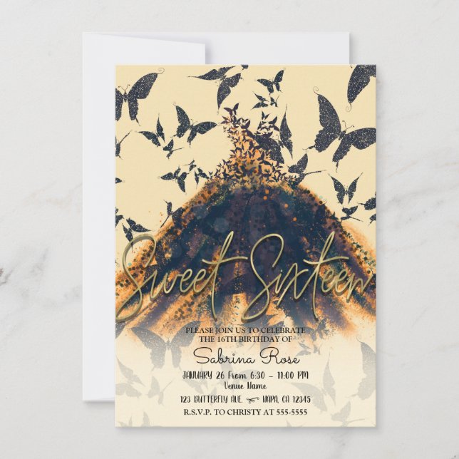 Orange Black Butterfly Dance Dress Sweet 16 Party Inbjudningar (Framsida)