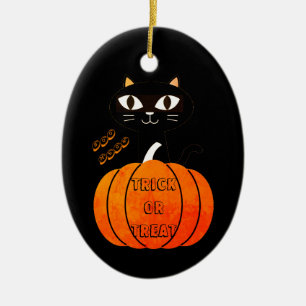 Orange & Black Cat Pumpkin Cute Spooky Halloween Julgransprydnad Keramik