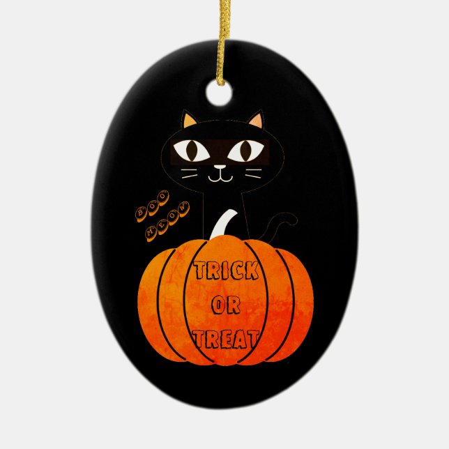 Orange & Black Cat Pumpkin Cute Spooky Halloween Julgransprydnad Keramik (Framsidan)