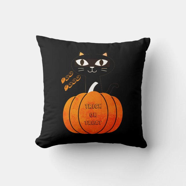 Orange Black Cat Pumpkin Cute Spooky Halloween Kudde (Framsida)