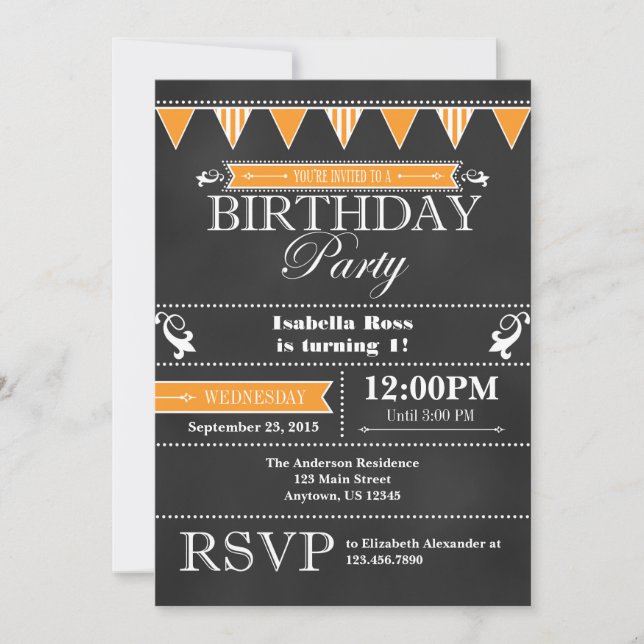 Orange Black Chalkboard Birthday-inbjudan Inbjudningar (Framsida)