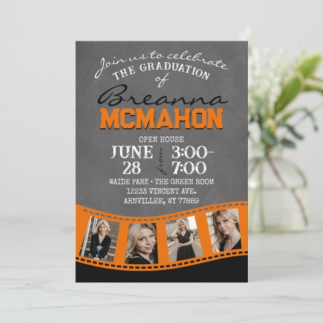 Orange & Black Chalkboard Photo Filmstring Grad Inbjudningar ( Repeating Class Year 1 & 2 Photo Graduation Invitations & Announcements)