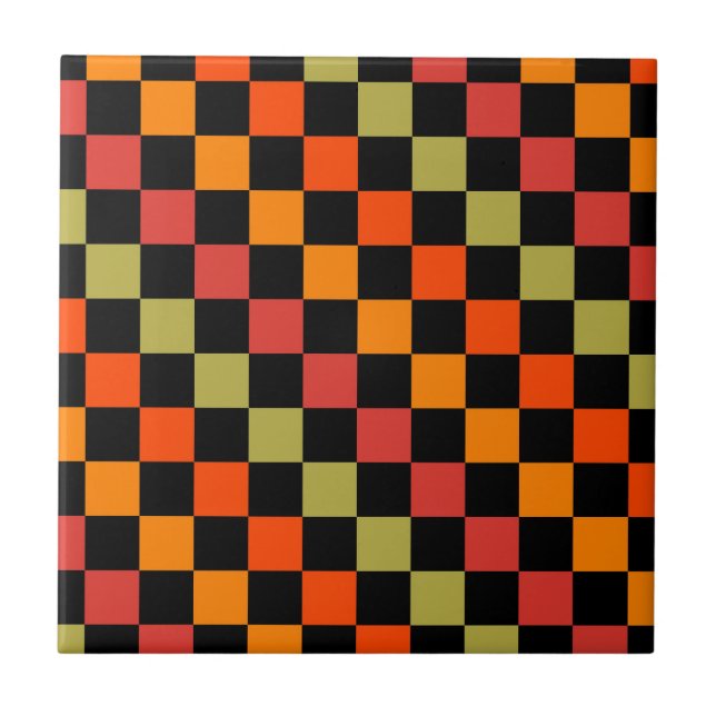 Orange Black Checkered Gingham Mönster Kakelplatta (Framsidan)