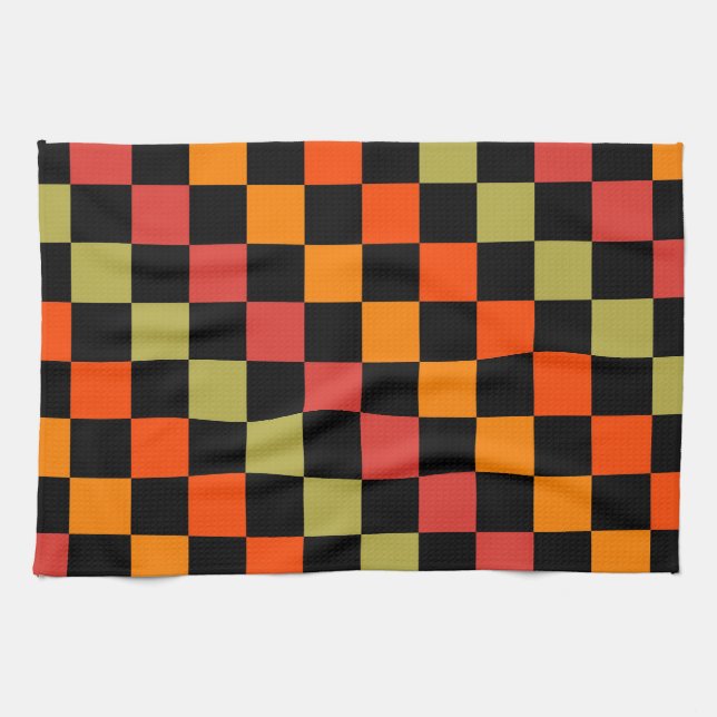 Orange Black Checkered Gingham Mönster Kökshandduk (Horisontell)