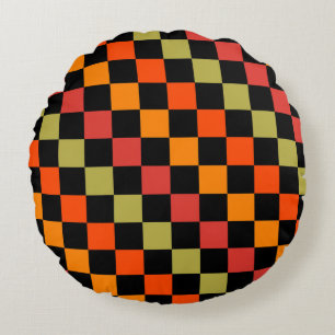 Orange Black Checkered Gingham Mönster Rund Kudde