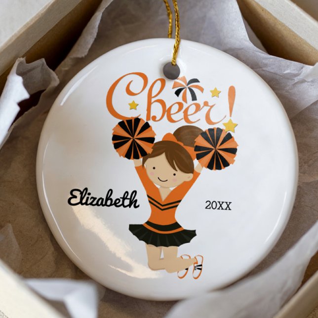 Orange & Black Cheer Brunette CheerLedare Ornament (Skapare uppladdad)