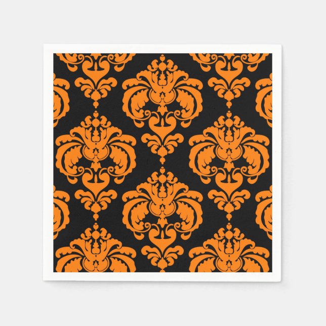 Orange & Black Damask Vintage Bröllopshändelse Fes Pappersservett (Framsidan)