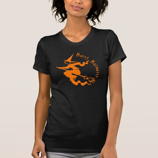 Orange Black för Spooky Flies Witch Happy hallowee T Shirt (Framsida)
