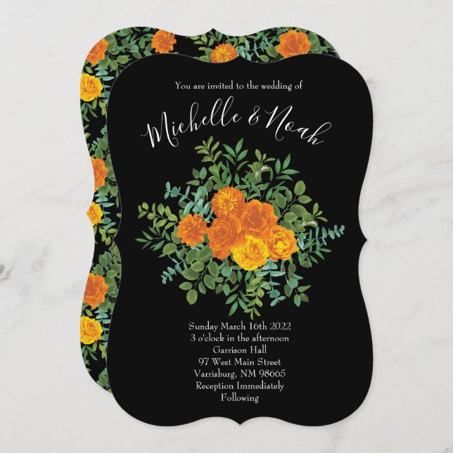 Orange & Black Gothic Peony & Ro Blommigt Bröllop Inbjudningar (Fram/baksida)