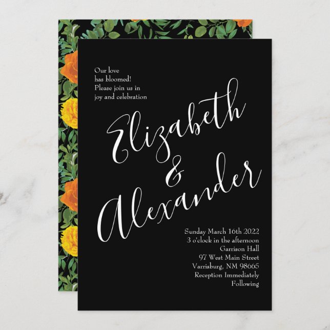 Orange & Black Gothic Peony & Ro Blommigt Bröllop Inbjudningar (Fram/baksida)