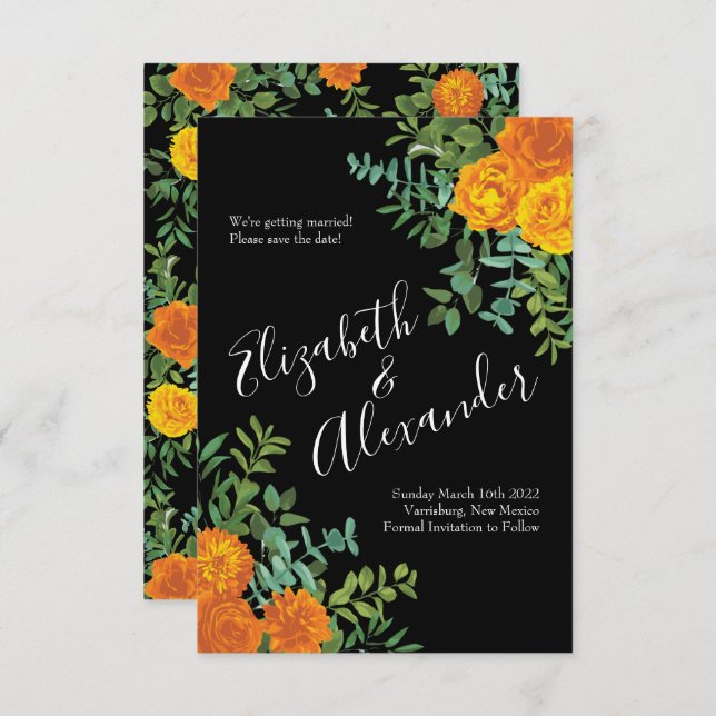 Orange Black Gothic Peony Ro Bröllop Spara Date Inbjudningar (Fram/baksida)
