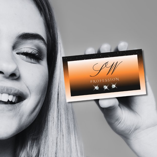 Orange Black Gradient Sparkling Diamonds Monogram Visitkort (Skapare uppladdad)