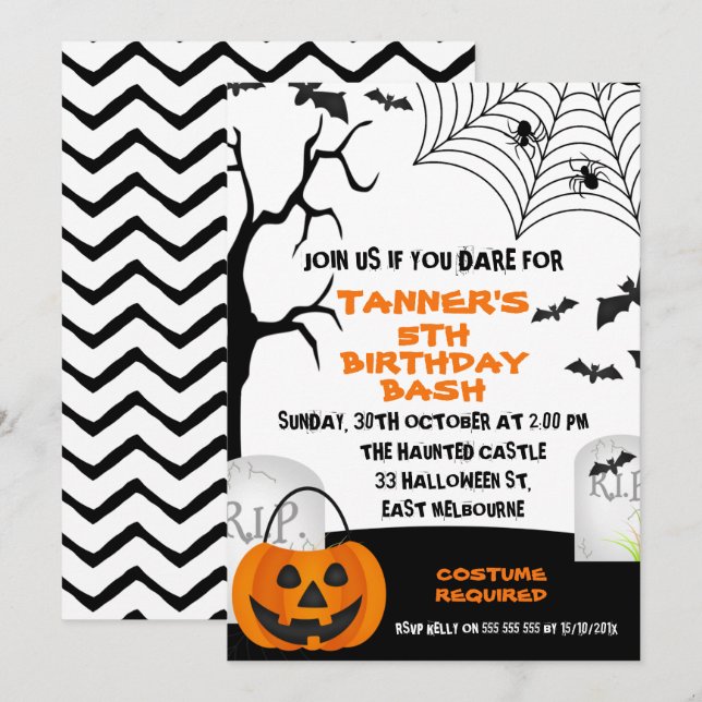 Orange Black Halloween Birthday-inbjudan Inbjudningar (Fram/baksida)