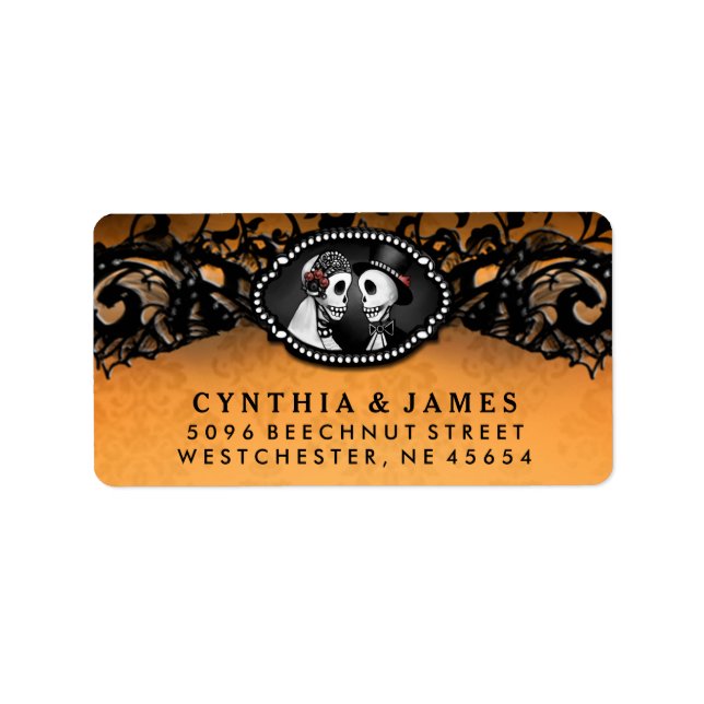 Orange Black Halloween Elegant bröllop Skeletons Adressetikett (Framsidan)