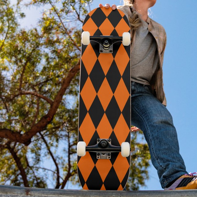 Orange Black Harlequin Diamonds Checkers Design  Mini Skateboard Bräda 18,5 Cm (Skapare uppladdad)